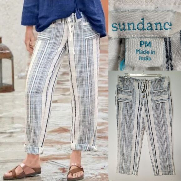 SUNDANCE coastal cotton blue white cotton beach summer pants MP MEDIUM PETITE - Picture 1 of 4